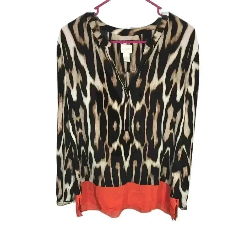 Chico’s 2 Cheetah Print Long Sleeve Blouse